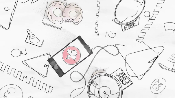 A graphic image of illustrated food and a cell phone with headphones