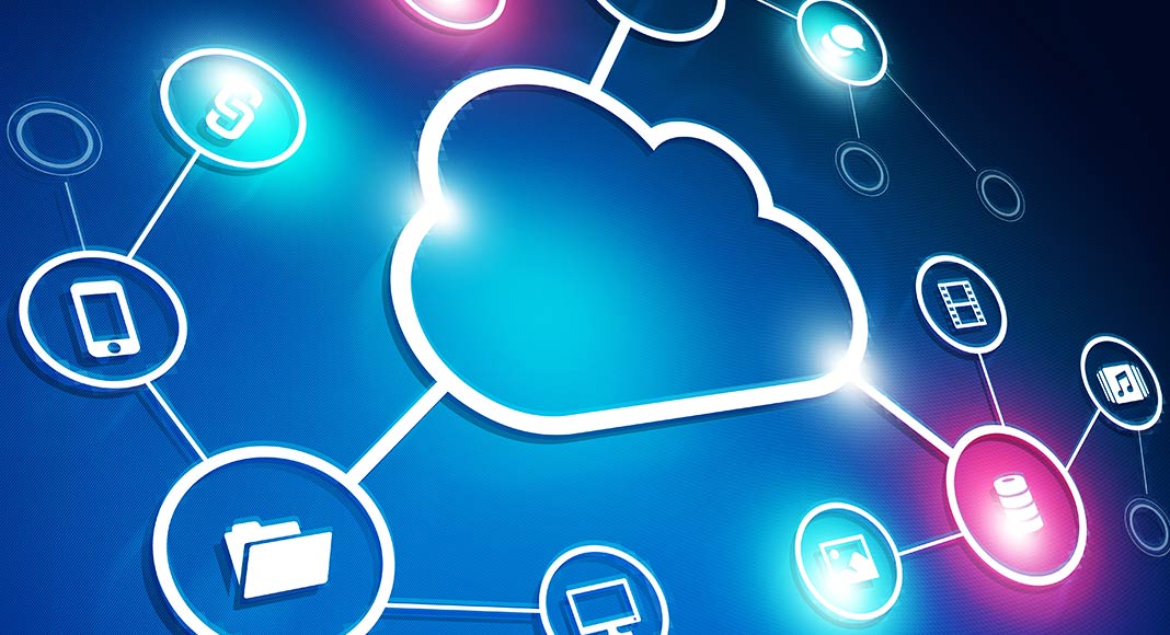 An illuminated cloud sits in the centre of the image with lines reaching out to various elements - on the left, a symbol of a folder attaches to another symbol of a smart phone, which is connected to a link symbol. The folder is also linked to an icon of a computer monitor. On the right, the cloud connects to a stacked cylinder which is connected to icons for film, pictures, and music. From the top right, the cloud is connected to speech bubbles. Various other image-less circles are connected throughout the image.