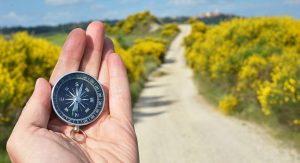 A hand holds up a compass on the left side of the image. The background is blurry but shows a path through hills that have lots of yellow flowered shrubs.