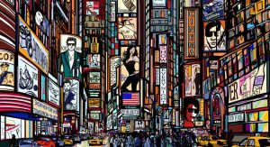 An illustrated scene depicting Times Square in New York