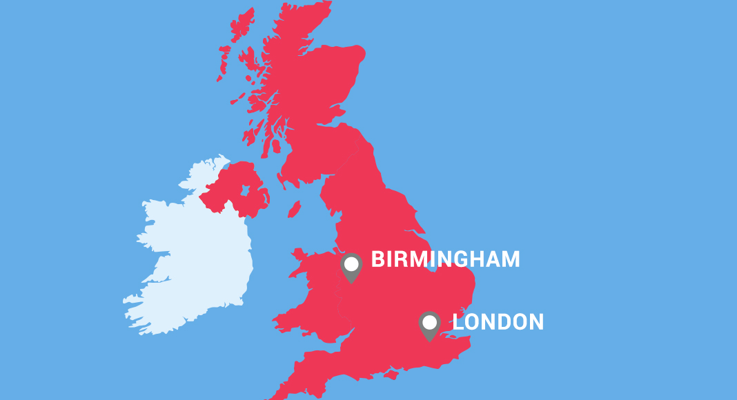 A map of the UK shows the entire country highlighted in red with the cities of Birmingham and London depicted by placemarkers