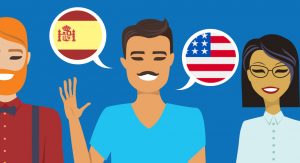 Three cartoon people in a row. The man in the center has two speech bubbles around him, one with the flag of Spain, the other with the flag of the United States of America
