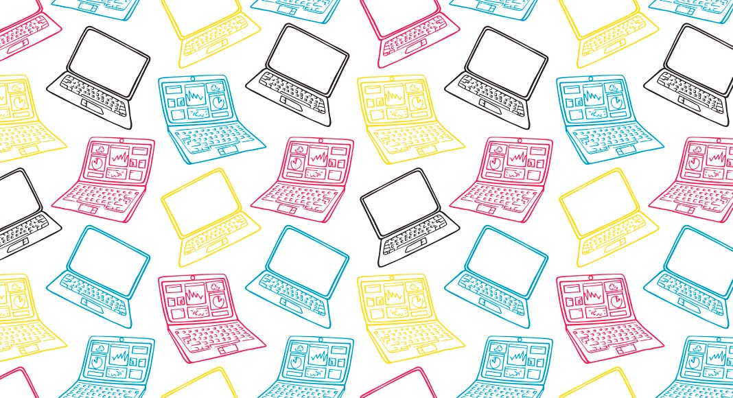 An illustration depicts laptops in many colors