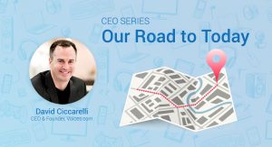A photo of Voices.com CEO and Co-Founder David Ciccarelli on a graphic background that includes a roadmap and the words "CEO Serie: Our Road to Today."