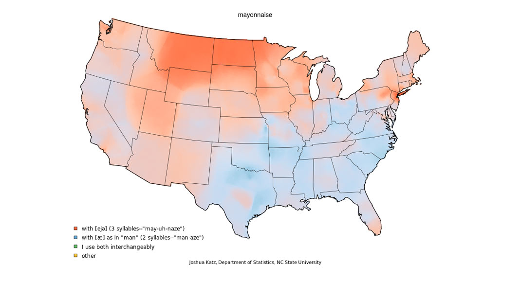 A map of the United States show how different populations across the country pronounce mayonnaise, with either two syllables or three