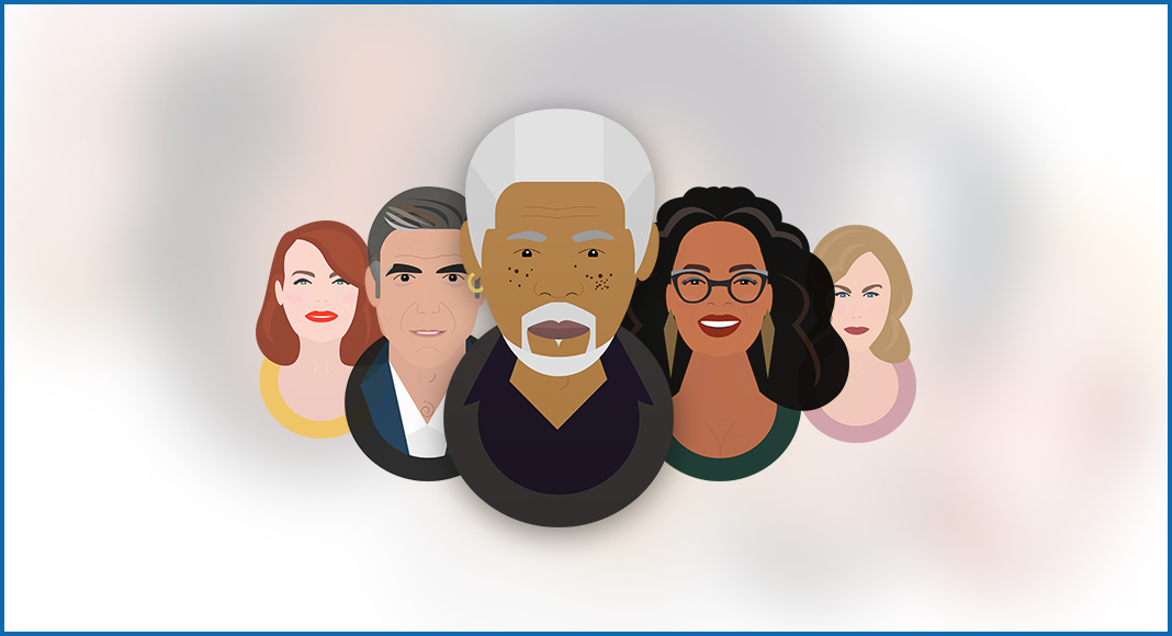 Illustrations depict Morgan Freeman, Oprah Winfrey, Nicole Kidman, George Clooney, and Emma Stone.