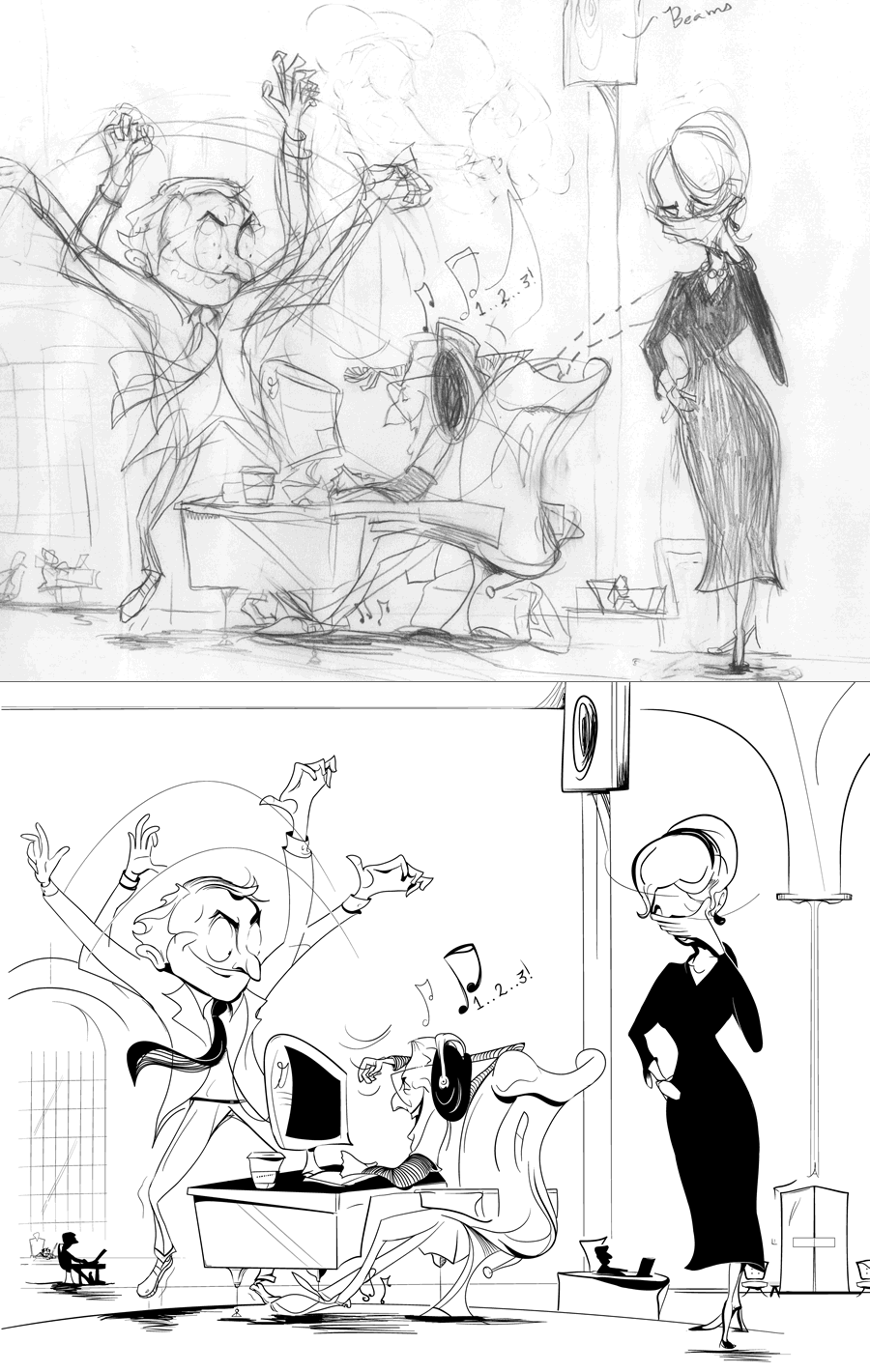 Two sketches show the before and after versions of Antony Hare's sketches and final product