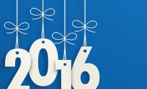 Paper cutouts in the shape of the numbers “2016” hanging by strings on a blue background.