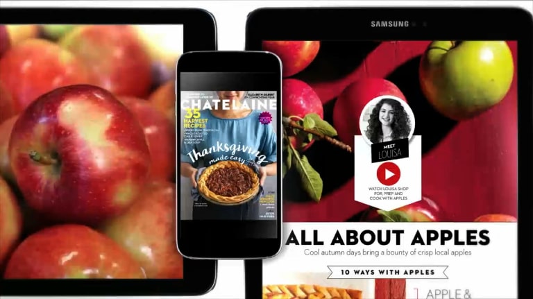 A phone and two tablets all displaying different parts of the Chatelaine magazine. The magazine cover and articles feature pictures of apples and pies.