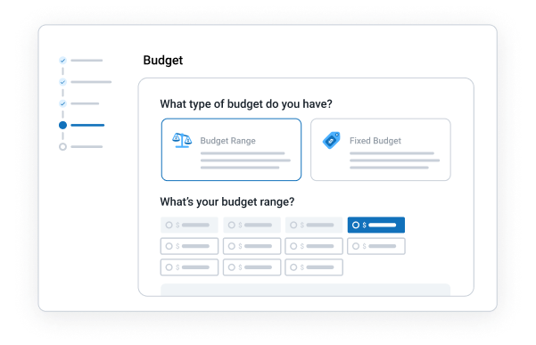 The budget step on the job posting form, displaying the select a budget range option.