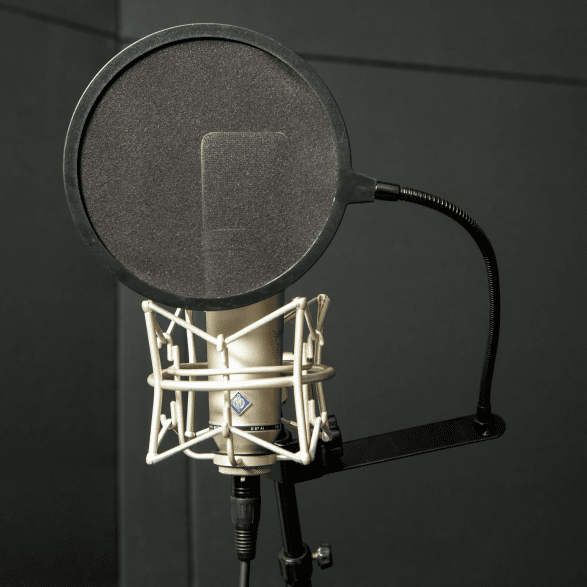 A microphone with a pop filter.