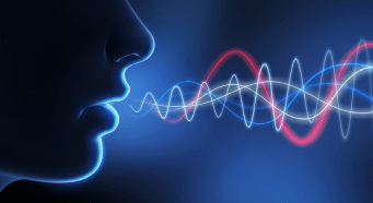 A person speaking, with soundwaves coming out of their mouth.