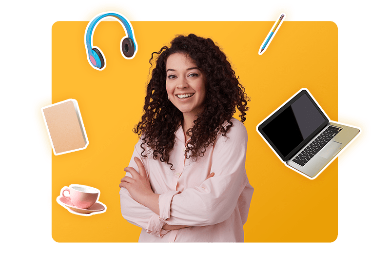 A woman smiling and crossing her arms. A teacup, notebook, pair of headphones, pencil, and laptop float around her.