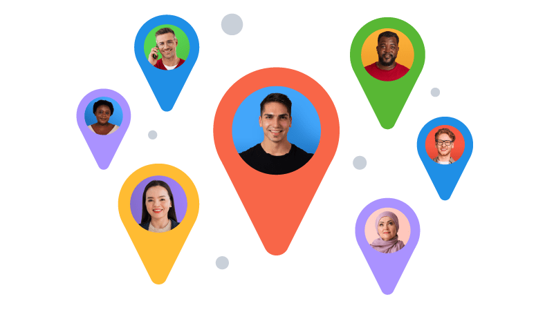 Lots of location pin icons, with profile pictures of freelance talent inside them.