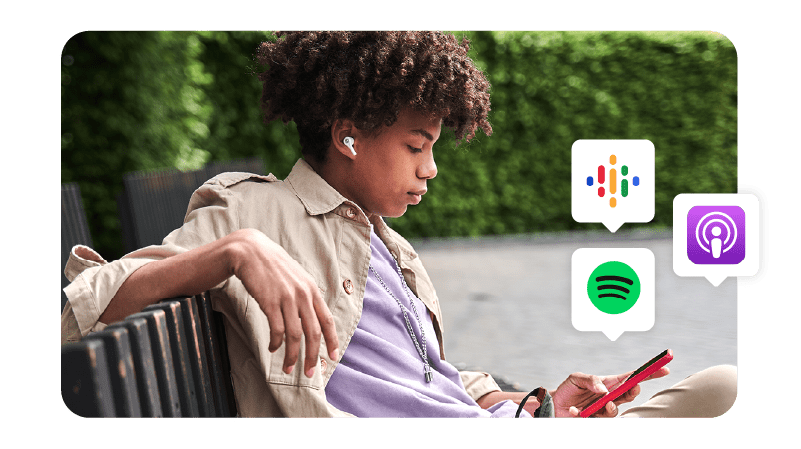 Young man listening to podcasts on his earbuds. Google Podcast, Spotify, and Apple Podcasts logos pop up above his phone.