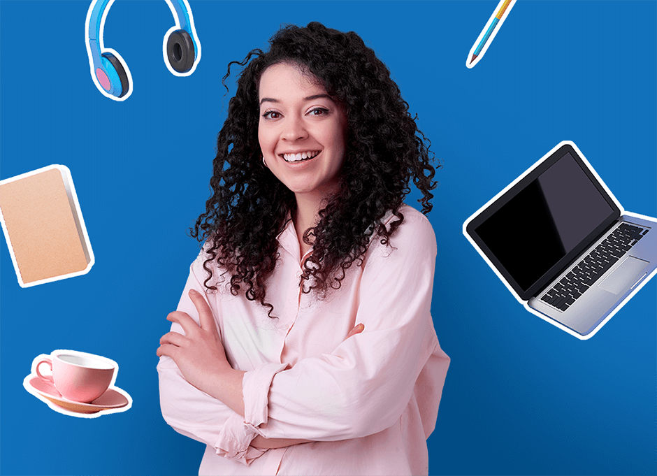 A girl with curly dark hair and wearing a pink shirt is surrounded by a coffee cup, notebook, headphones, pencil, and laptop against a blue background.
