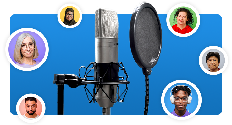 Microphone and pop filter surrounded by headshots of different voice actors.