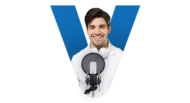 A voice actor and microphone popping out of the V in the Voices logo.