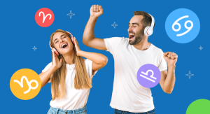 A white man and woman wearing white t shirts and headphones are dancing in front of a blue background with zodiac sign animations floating around them.