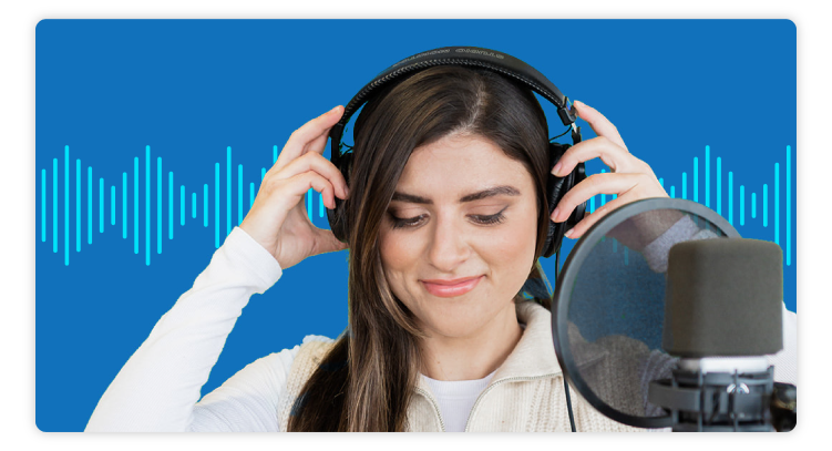 Woman with headphones in a studio with waveform behind her