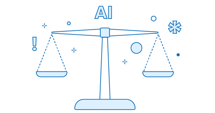 Scales weighing the pros and cons of utilizing AI