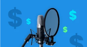 A microphone and pop filter surrounded by blue and green dollar signs